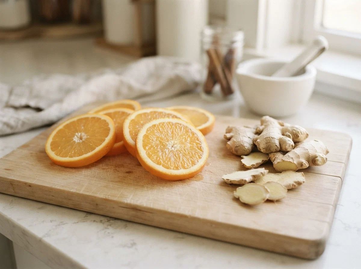 Fresh citrus fruits and ginger on a kitchen counter